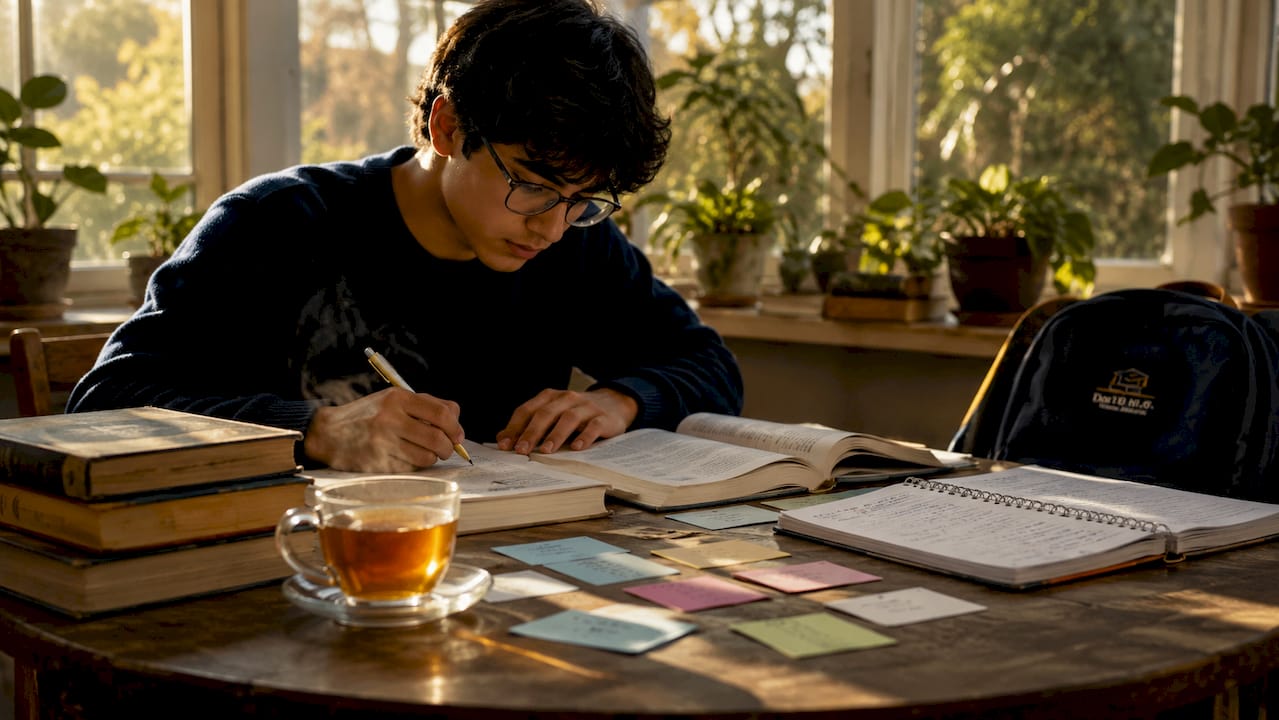 Student studying history at desk side profile