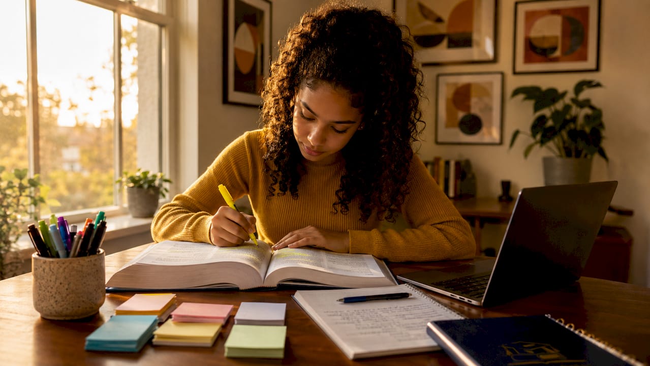 Teen female student studying AP US History book