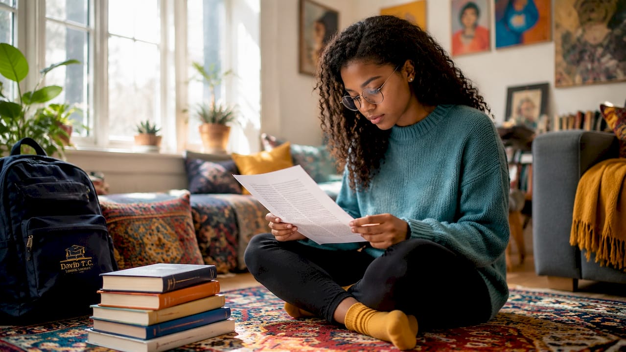 Teen girl reading study materials at home desk