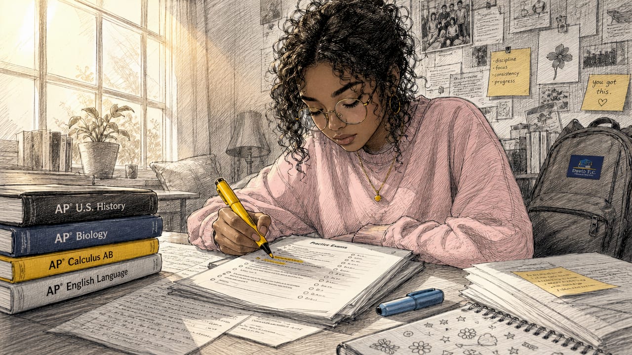 Student studying AP exam questions at home