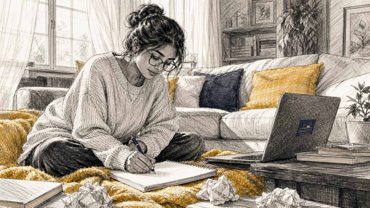 Student focused writing college essay at desk