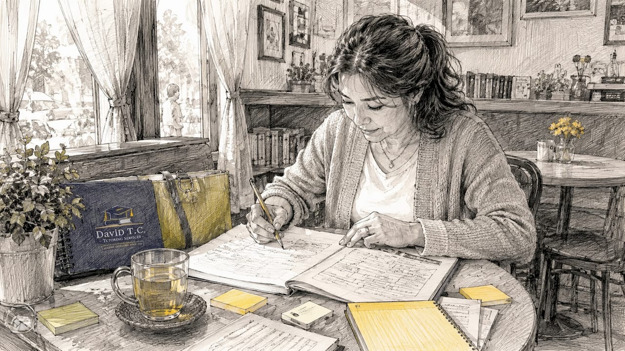 Mother reviewing child's academic work at home