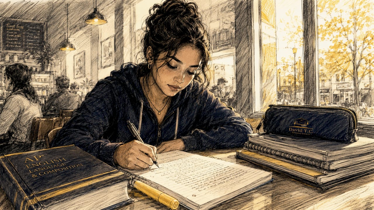 Student writing AP English essay in library