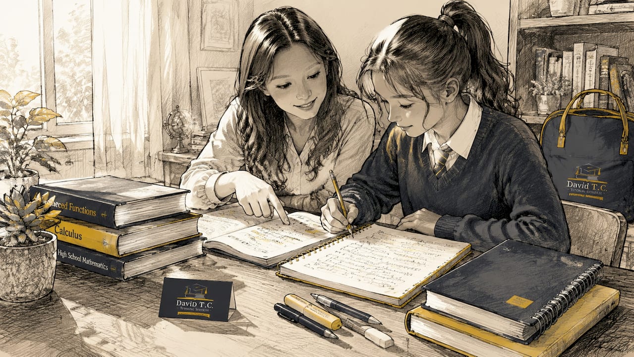 Tutor and student discussing workbook at table