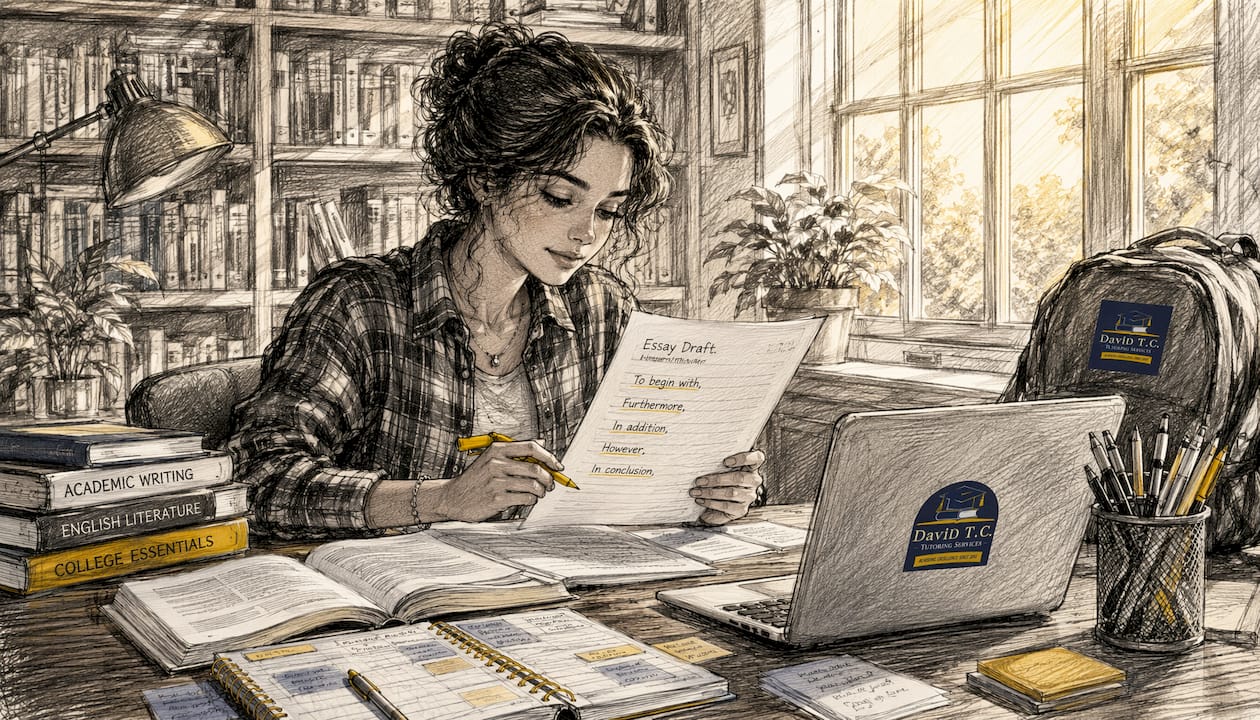 Student reviewing essay draft for transitions