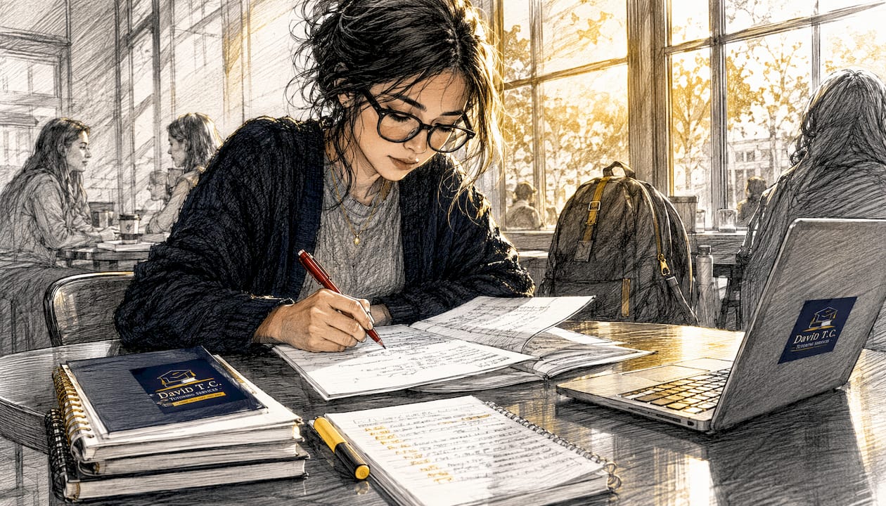 Student editing essay draft with red pen
