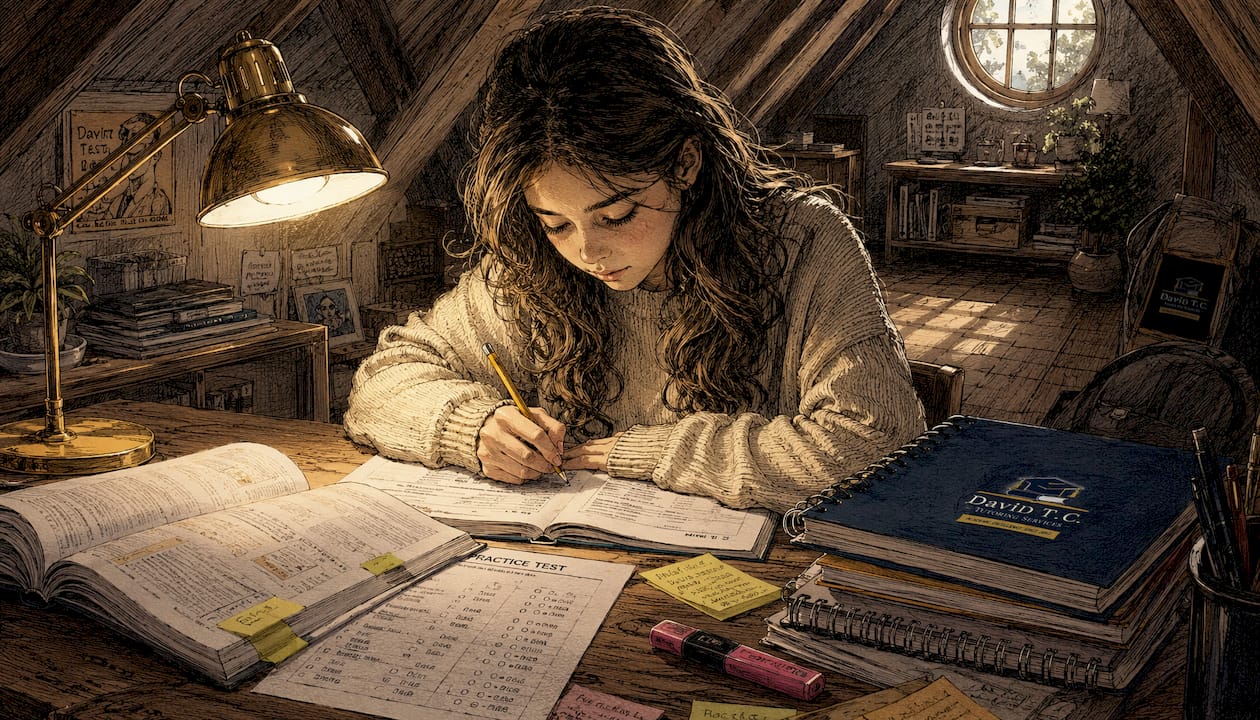 Student studying at desk with test prep materials